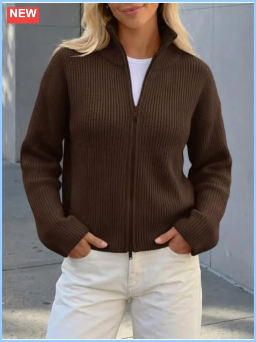 Chunky Ribbed Knit Zip Up Cardigan Mock Neck Long Sleeve Sweater Jacket